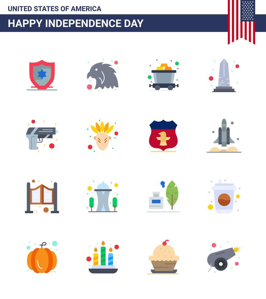 Set of 16 Vector Flats on 4th July USA Independence Day such as weapon security rail gun usa Editable USA Day Vector Design Elements