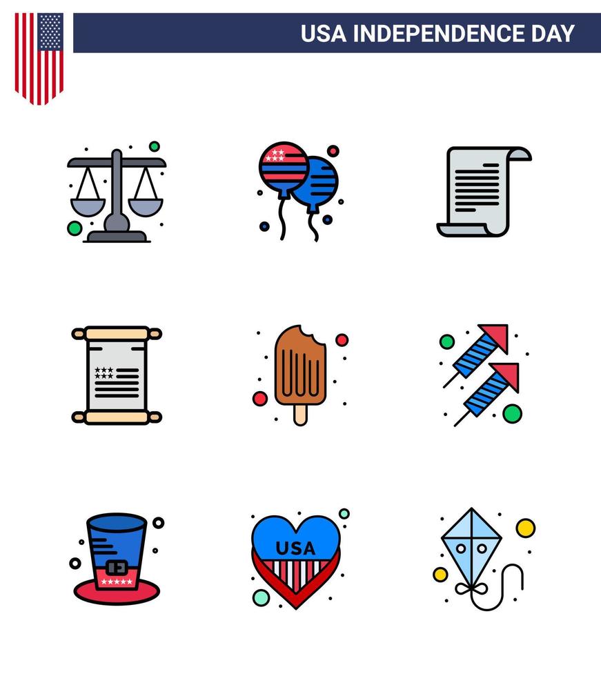 Set of 9 Vector Flat Filled Lines on 4th July USA Independence Day such as cream usa file american scroll Editable USA Day Vector Design Elements