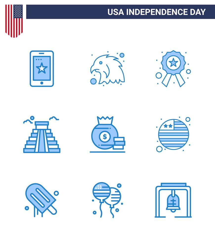 4th July USA Happy Independence Day Icon Symbols Group of 9 Modern Blues of money dollar police usa landmark Editable USA Day Vector Design Elements