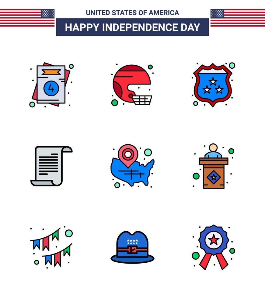 USA Happy Independence DayPictogram Set of 9 Simple Flat Filled Lines of usa text state file shield Editable USA Day Vector Design Elements