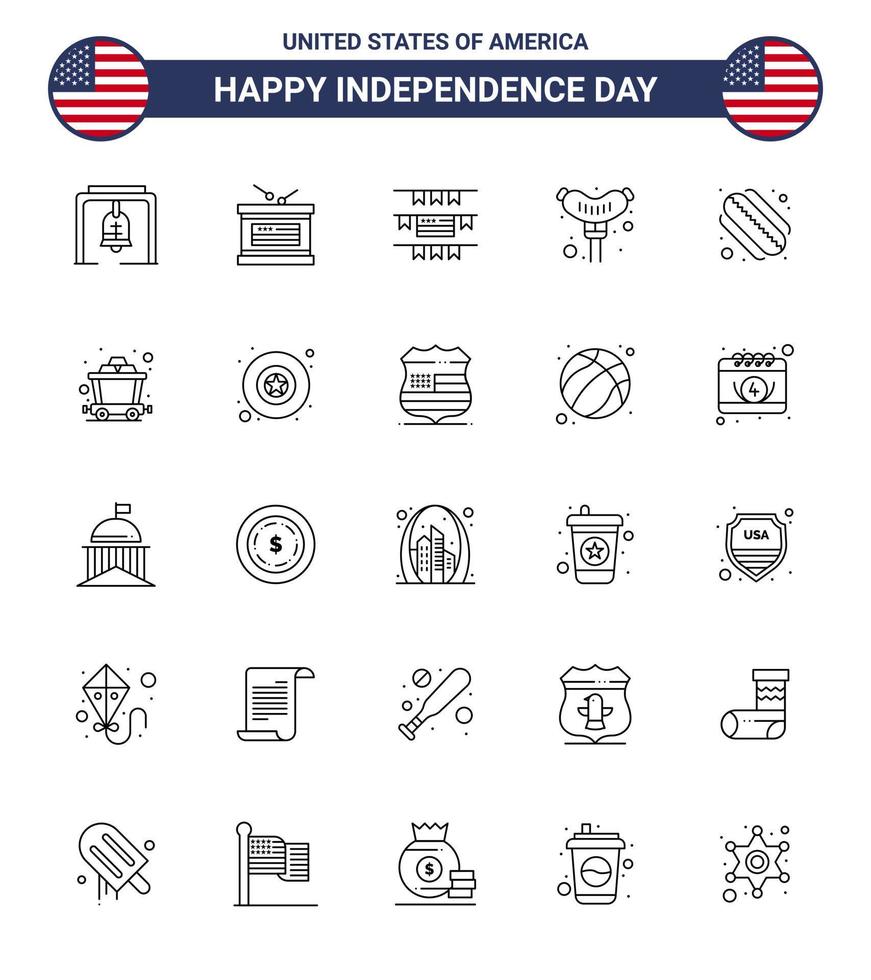 conjunto moderno de 25 líneas y símbolos en el día de la independencia de EE. UU., como cart hotdog buntings american frankfurter elementos editables de diseño vectorial del día de EE. UU. vector