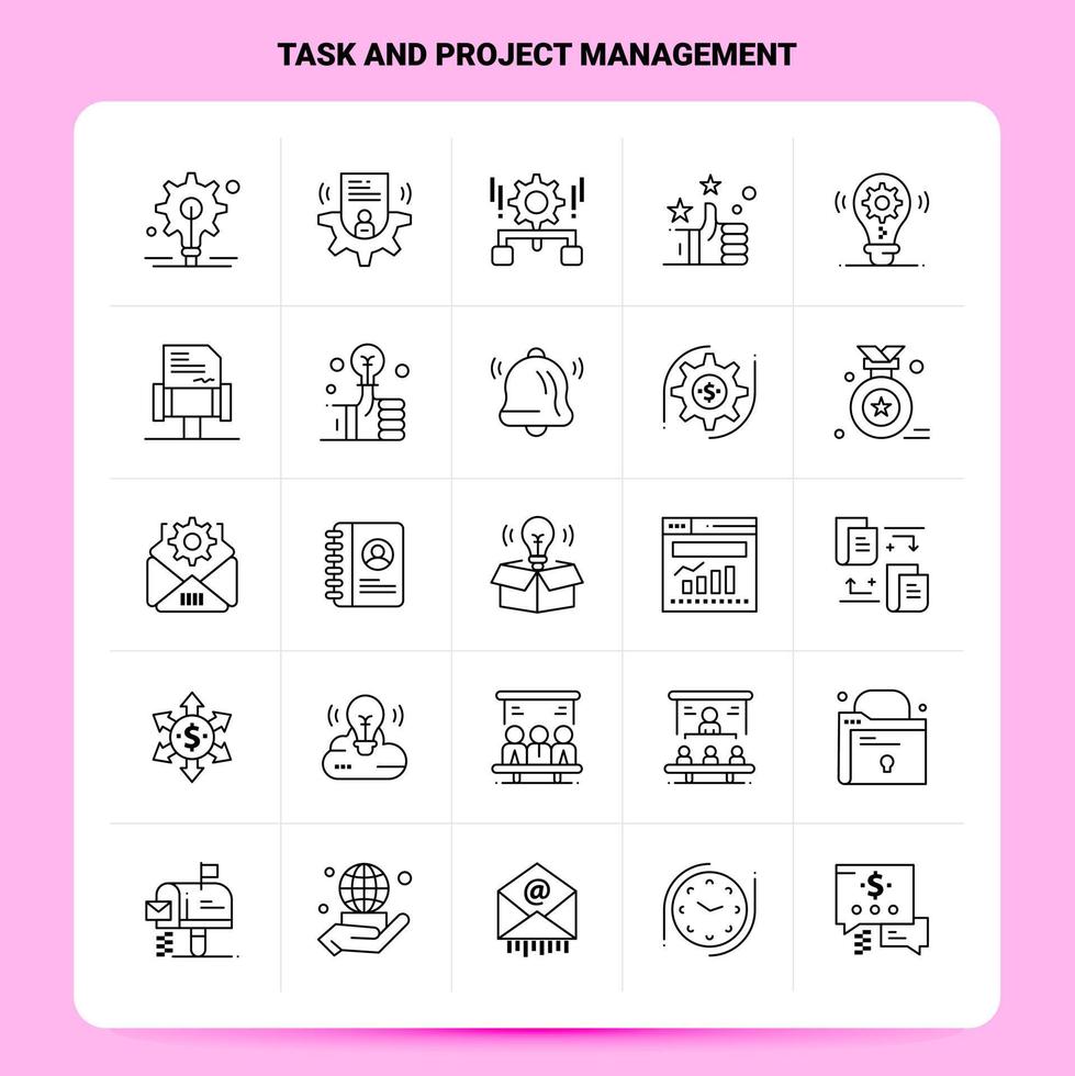 OutLine 25 Task and Project Management Icon set Vector Line Style Design Black Icons Set Linear pictogram pack Web and Mobile Business ideas design Vector Illustration