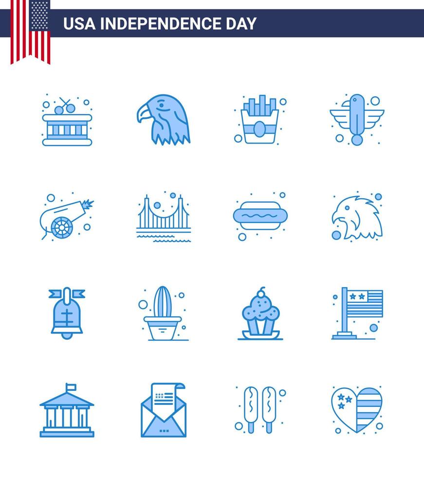 Set of 16 Vector Blues on 4th July USA Independence Day such as war army food state bird Editable USA Day Vector Design Elements