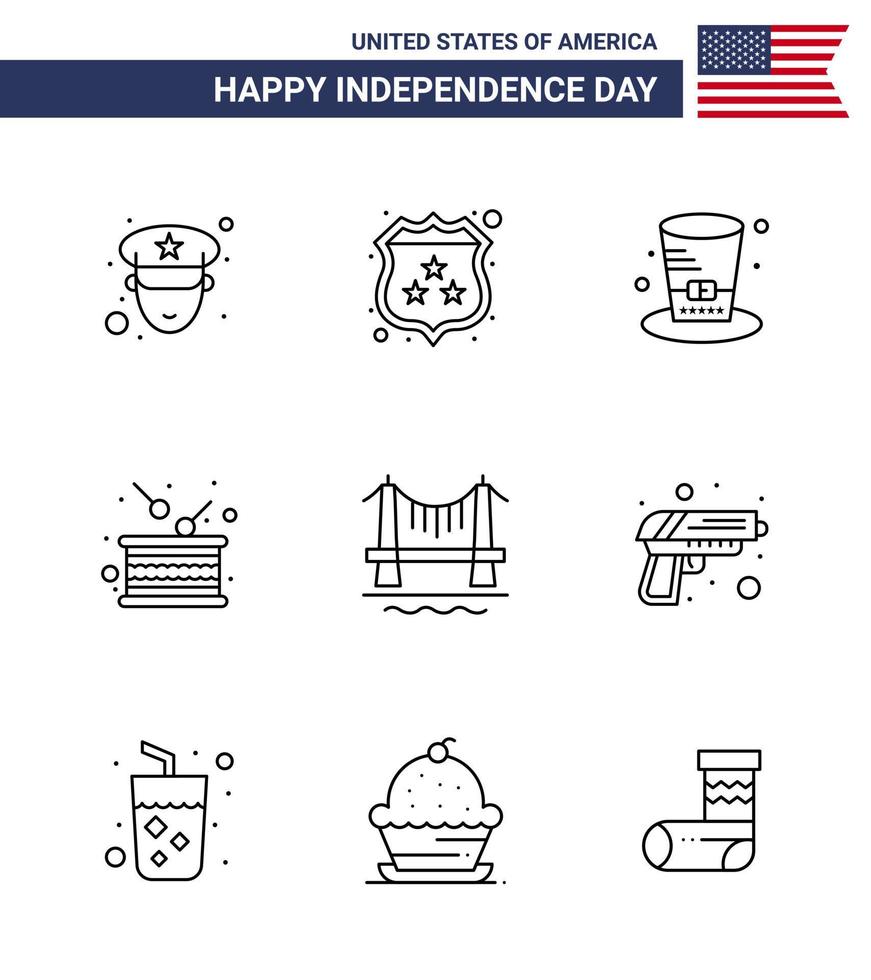 Set of 9 Vector Lines on 4th July USA Independence Day such as building independence hat independence drum Editable USA Day Vector Design Elements
