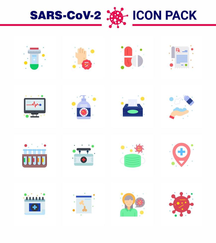 16 Flat Color coronavirus epidemic icon pack suck as medical monitor rx hands prescription capsule viral coronavirus 2019nov disease Vector Design Elements