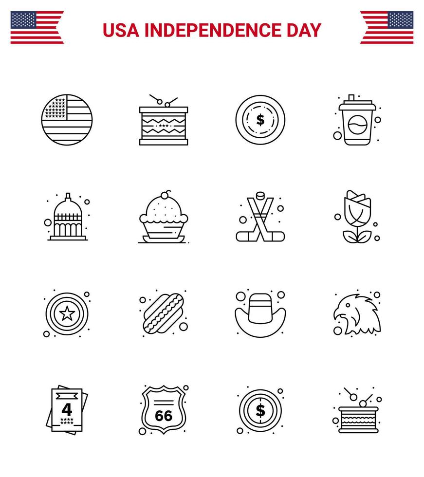 USA Independence Day Line Set of 16 USA Pictograms of indianapolis soda st drink bottle Editable USA Day Vector Design Elements