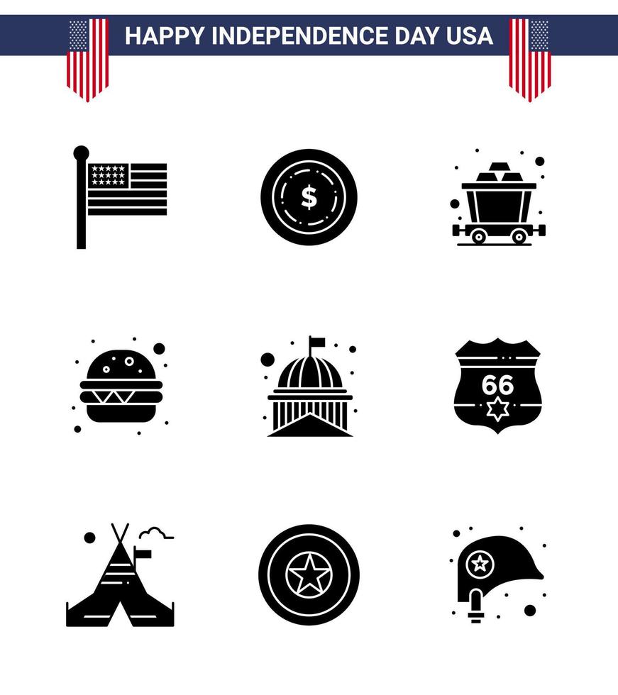 paquete de 9 signos de glifos sólidos de celebración del día de la independencia de EE. UU. Y símbolos del 4 de julio, como elementos de diseño de vector de día de EE. UU.