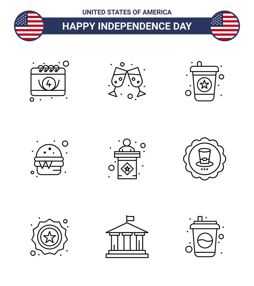 feliz día de la independencia usa paquete de 9 líneas creativas de signo elección bebida usa comida editable usa día elementos de diseño vectorial vector