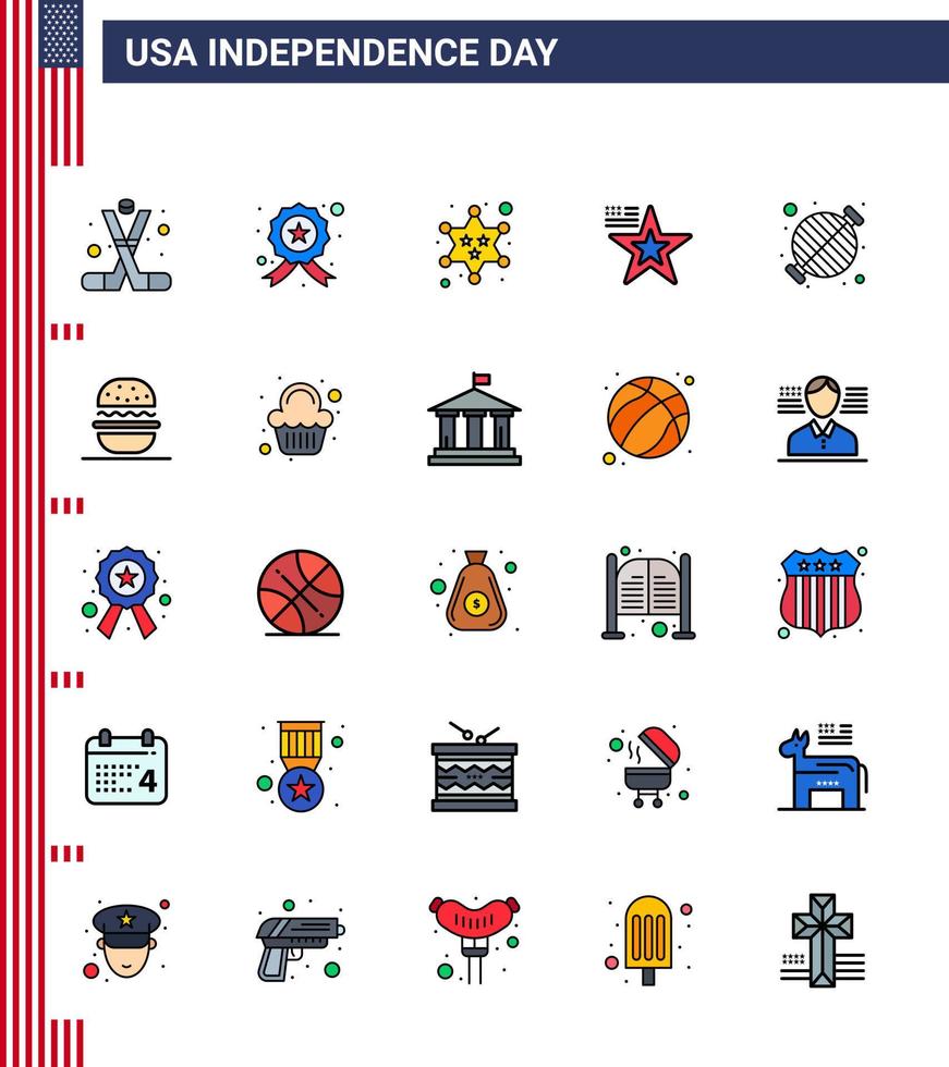25 USA Flat Filled Line Signs Independence Day Celebration Symbols of food flag police american star Editable USA Day Vector Design Elements