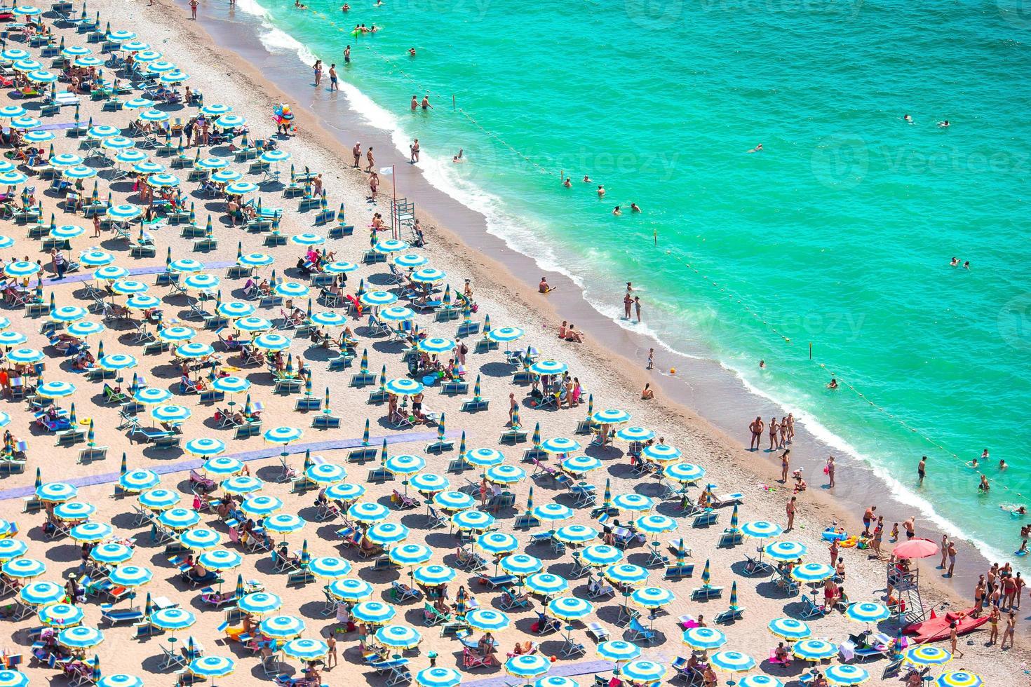 Beautiful view of full beach in Amalfi Coast, with the Gulf of Salerno, Campania photo