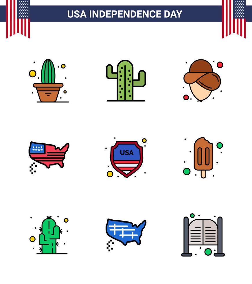 conjunto de 9 iconos del día de los ee.uu. símbolos americanos signos del día de la independencia para la seguridad de la señal ee.uu. mapa de los ee.uu. vector