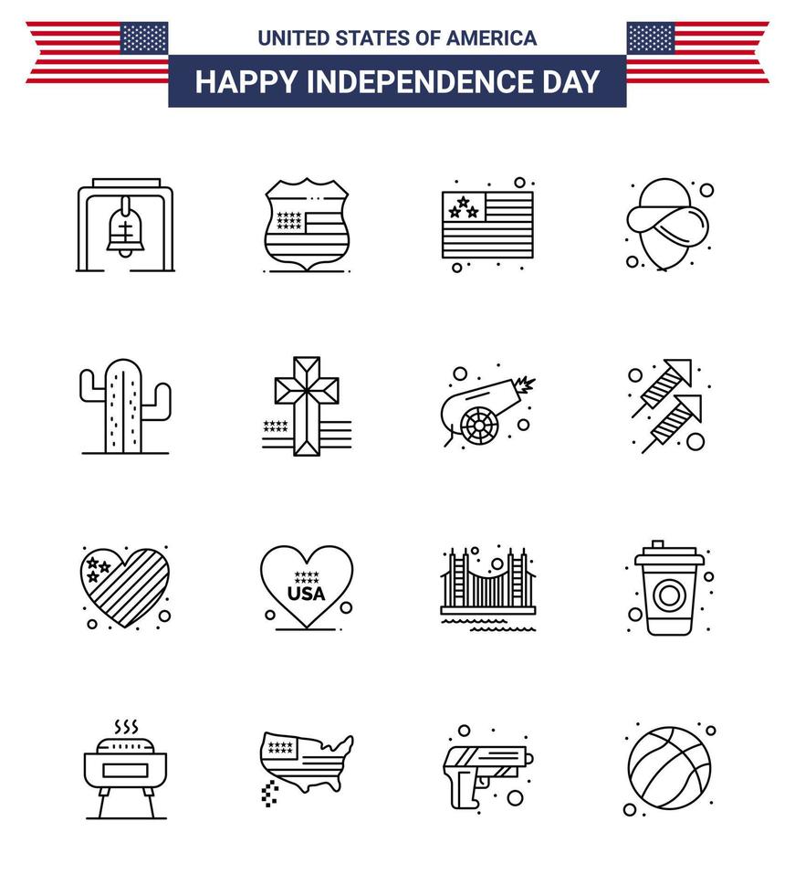 Set of 16 Modern Lines pack on USA Independence Day american usa country cactus cowboy Editable USA Day Vector Design Elements