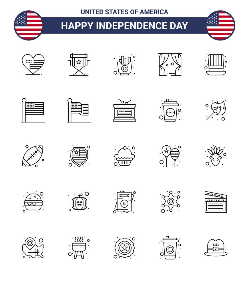 25 signos de línea de estados unidos celebración del día de la independencia símbolos del día teatro televisión fichas de ocio elementos de diseño de vector de día de estados unidos editables