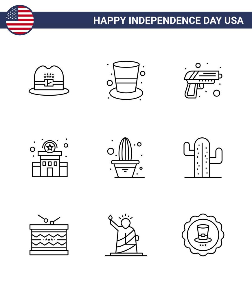 paquete de 9 líneas de celebración del día de la independencia de EE. UU. Signos y símbolos del 4 de julio, como la policía de seguridad de cactus de planta, signo de policía, elementos de diseño de vector de día de EE. UU. editables