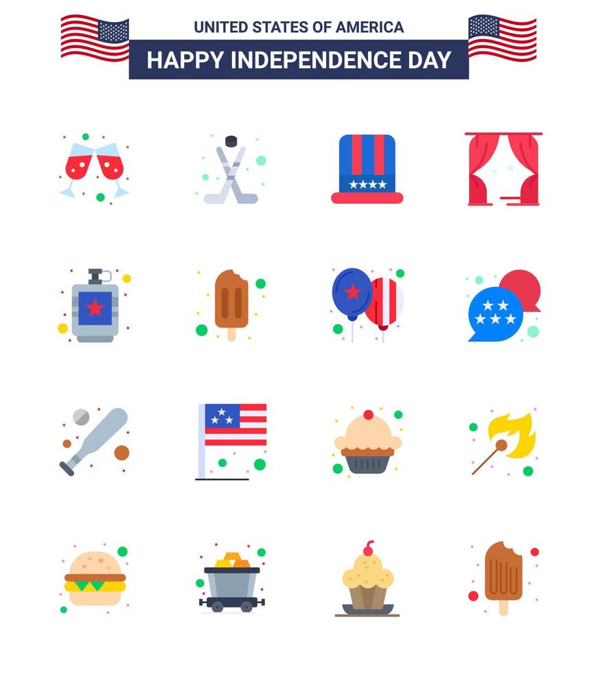 USA Independence Day Flat Set of 16 USA Pictograms of flask alcoholic cap usa leisure Editable USA Day Vector Design Elements