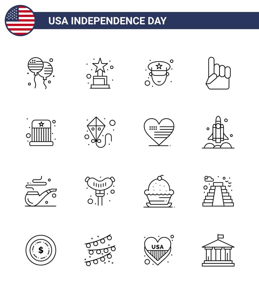 Editable Vector Line Pack of USA Day 16 Simple Lines of hat entertainment officer circus usa Editable USA Day Vector Design Elements