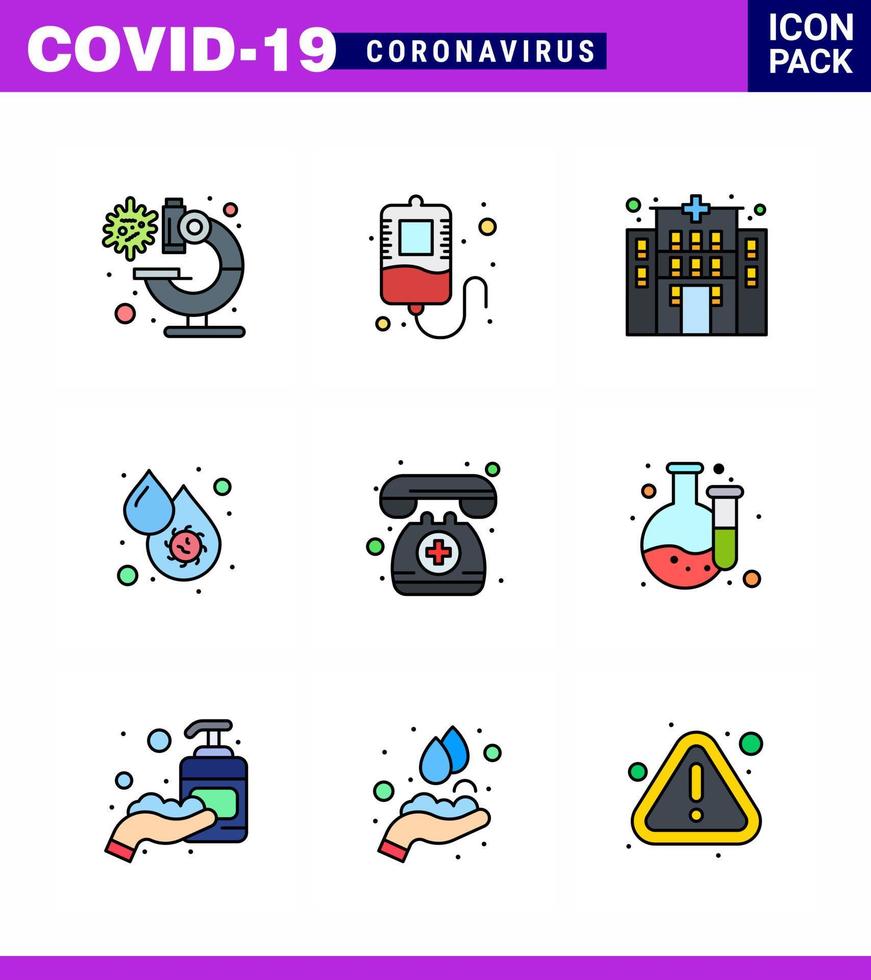 Coronavirus Awareness icon 9 Filled Line Flat Color icons icon included telephone doctor on call clinic platelets dengue viral coronavirus 2019nov disease Vector Design Elements