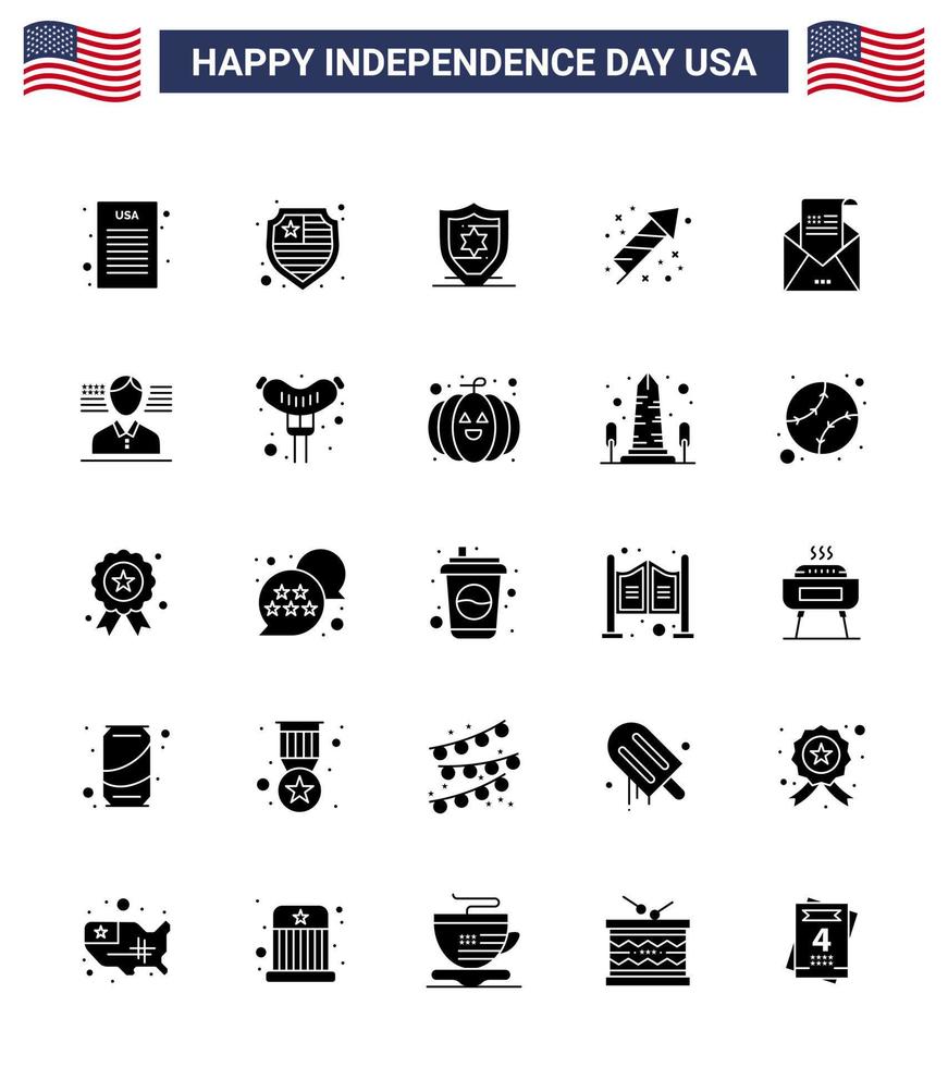 Happy Independence Day 25 Solid Glyph Icon Pack for Web and Print flag man fireworks mail greeting Editable USA Day Vector Design Elements