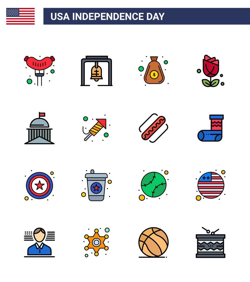 Happy Independence Day Pack of 16 Flat Filled Lines Signs and Symbols for green city money plent imerican Editable USA Day Vector Design Elements