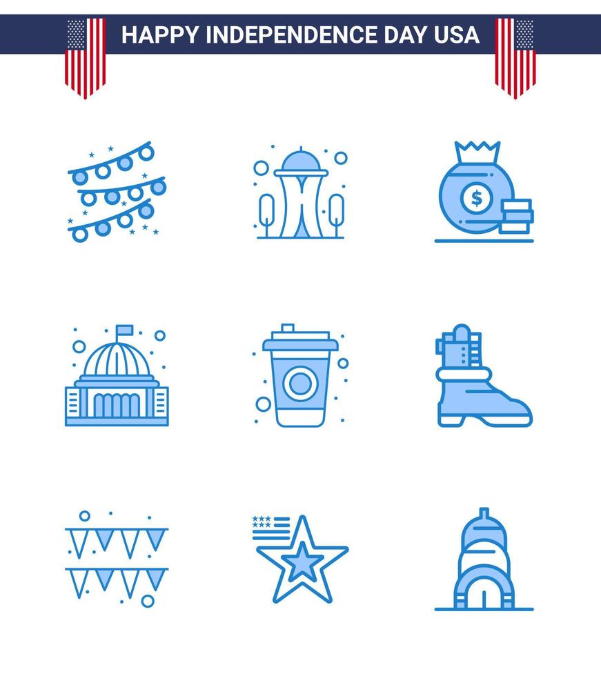 Set of 9 USA Day Icons American Symbols Independence Day Signs for cola white bag landmark building Editable USA Day Vector Design Elements