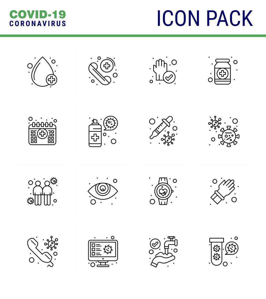 Covid19 Protection CoronaVirus Pendamic 16 Line icon set such as bottle health hand form drugs viral coronavirus 2019nov disease Vector Design Elements