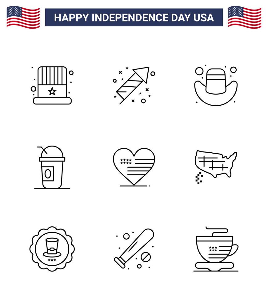 Happy Independence Day USA Pack of 9 Creative Lines of american heart american states american Editable USA Day Vector Design Elements