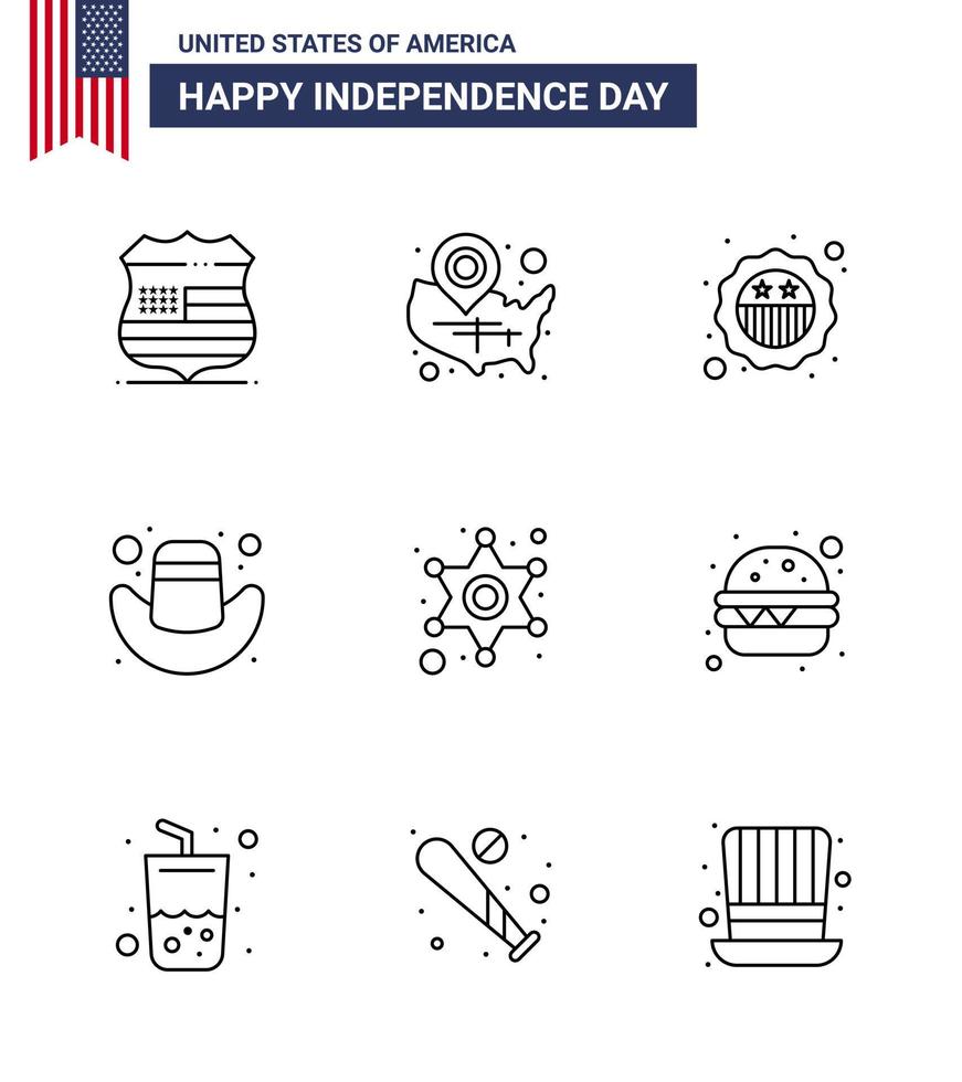 paquete de 9 líneas de celebración del día de la independencia de EE. UU. Signos y símbolos del 4 de julio, como la ubicación del sombrero de policía, la bandera de la tapa del alfiler, los elementos de diseño vectorial editables del día de EE. UU. vector