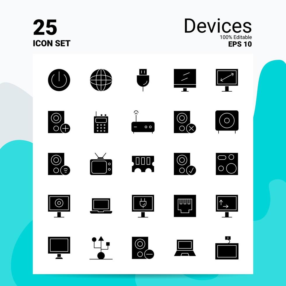 Conjunto de iconos de 25 dispositivos 100 archivos editables eps 10 ideas de concepto de logotipo de empresa diseño de icono de glifo sólido vector