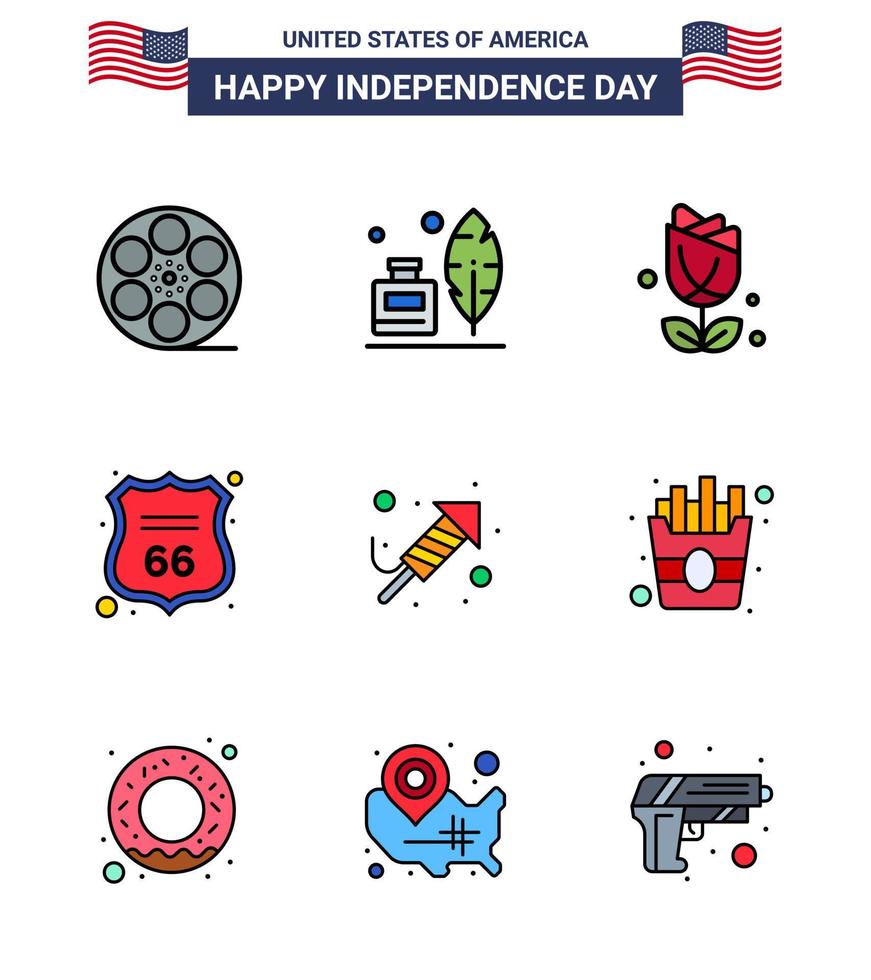 Happy Independence Day Pack of 9 Flat Filled Lines Signs and Symbols for religion american flower sign security Editable USA Day Vector Design Elements