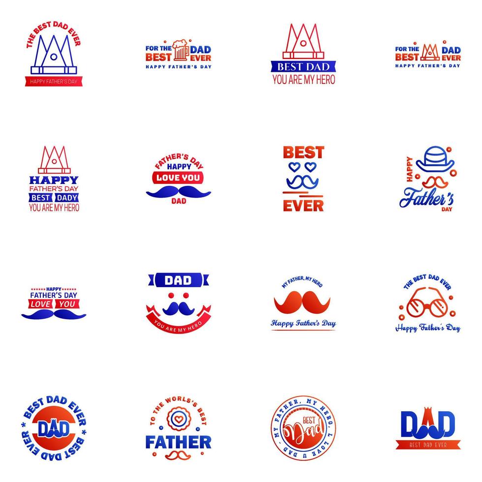 Fathers Day Lettering 16 Blue and red Calligraphic Emblems Badges Set Isolated on Dark Blue Happy Fathers Day Best Dad Love You Dad Inscription Vector Design Elements For Greeting Card and Other