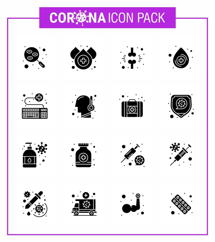 nuevo coronavirus 2019ncov 16 glifo sólido paquete de iconos negros teclado médico hueso gota paciente coronavirus viral 2019nov enfermedad vector elementos de diseño