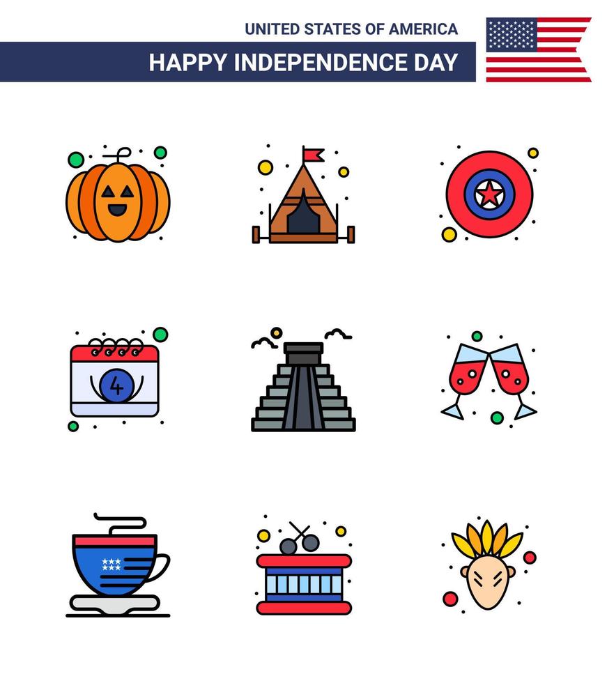 9 Flat Filled Line Signs for USA Independence Day beer american star landmark day Editable USA Day Vector Design Elements