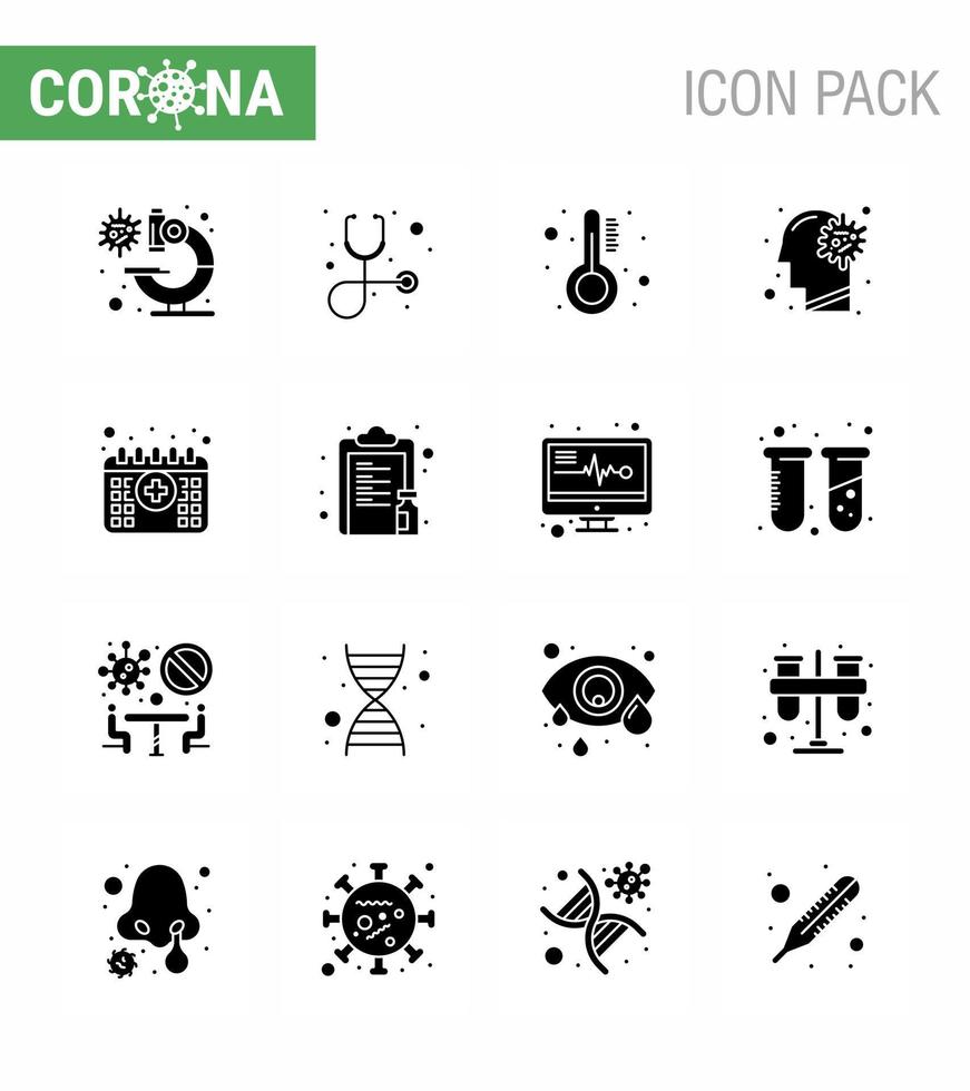 Corona virus 2019 and 2020 epidemic 16 Solid Glyph Black icon pack such as calendar brain medicine virus flu viral coronavirus 2019nov disease Vector Design Elements