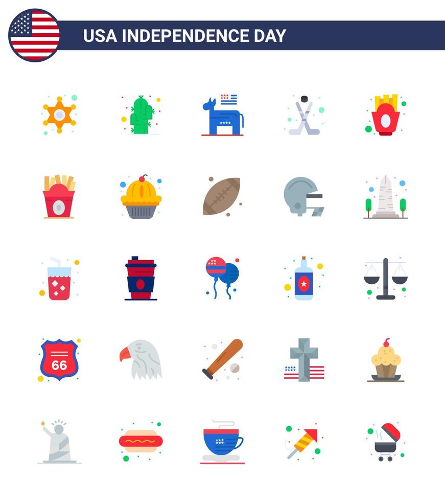 4 de julio estados unidos feliz día de la independencia icono símbolos grupo de 25 pisos modernos de papas fritas deporte burro hielo americano editable día de estados unidos elementos de diseño vectorial vector