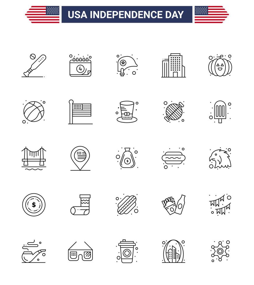 paquete de 25 líneas de celebración del día de la independencia de EE. UU. Signos y símbolos del 4 de julio, como la estrella de la oficina del día americano de calabaza, elementos de diseño vectorial editables del día de EE. UU. vector