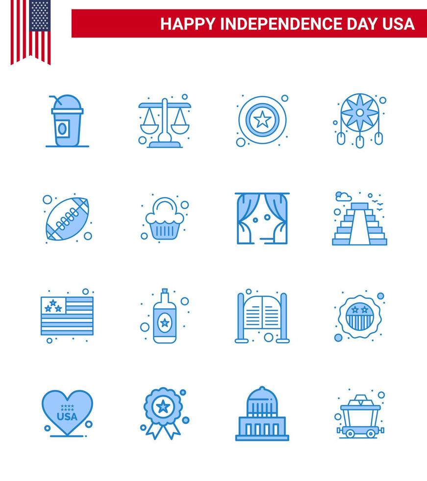 USA Happy Independence DayPictogram Set of 16 Simple Blues of rugby western men dream catcher adornment Editable USA Day Vector Design Elements