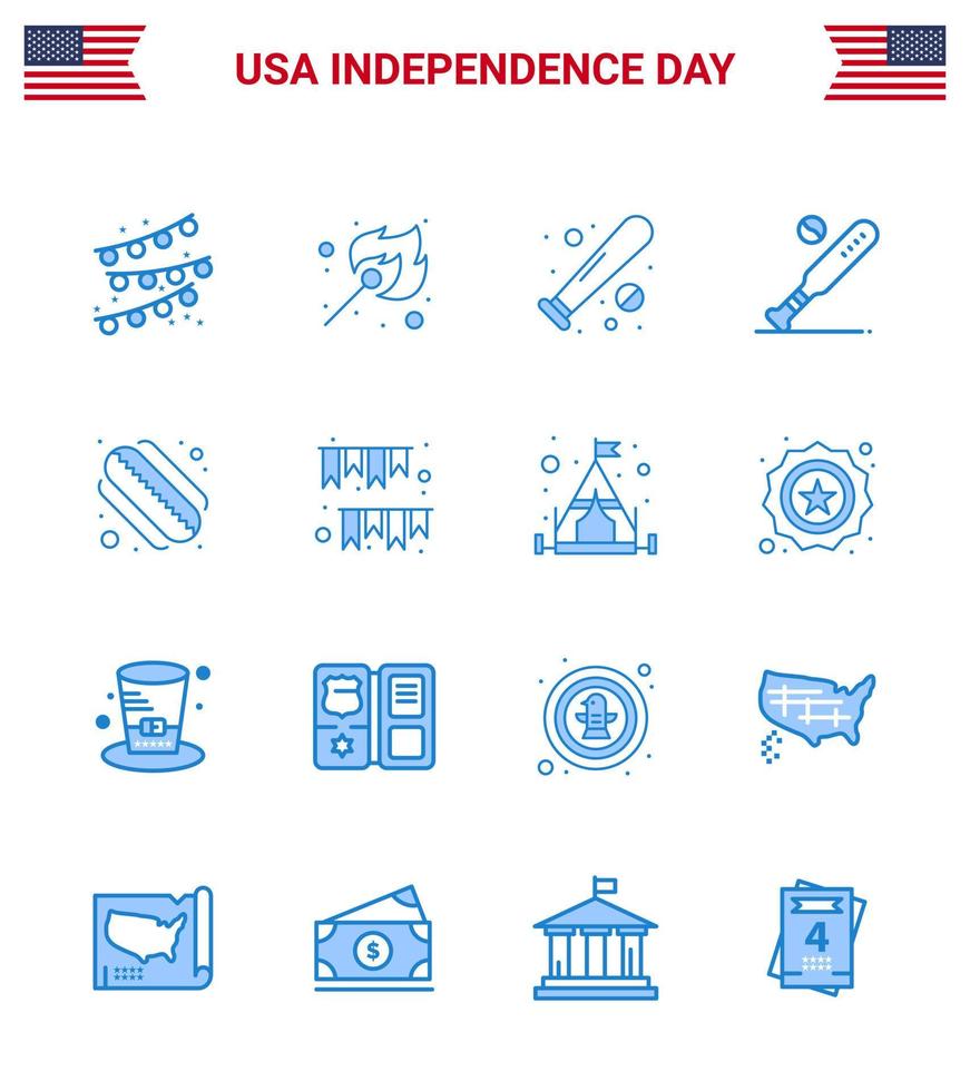 Pack of 16 USA Independence Day Celebration Blues Signs and 4th July Symbols such as buntings american day baseball states american Editable USA Day Vector Design Elements