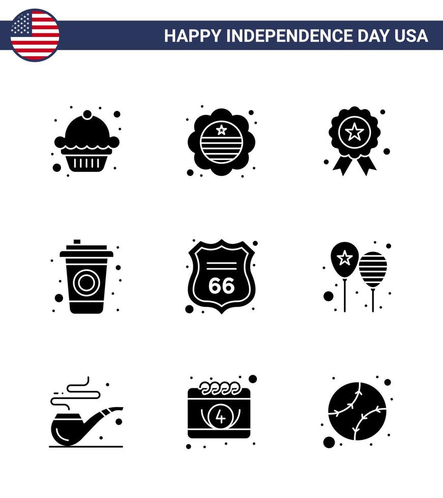 grupo de 9 glifos sólidos establecidos para el día de la independencia de los estados unidos de américa, como el escudo americano independece seguridad cola elementos de diseño vectorial del día de estados unidos editables vector