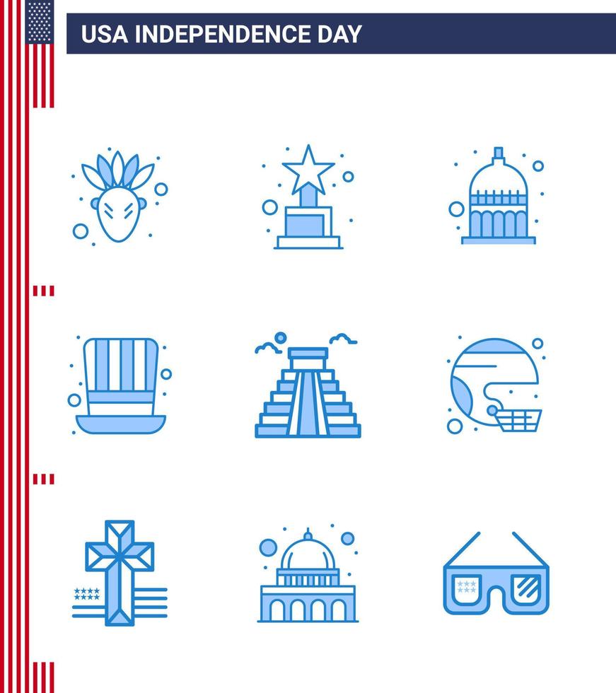 9 USA Blue Pack of Independence Day Signs and Symbols of usa landmark statehouse building presidents Editable USA Day Vector Design Elements