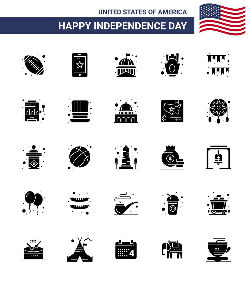 Group of 25 Solid Glyph Set for Independence day of United States of America such as american day fries building french fries white Editable USA Day Vector Design Elements