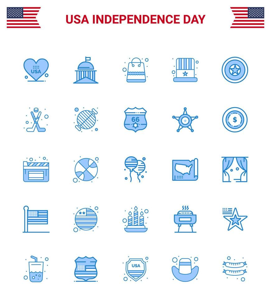 Set of 25 Vector Blues on 4th July USA Independence Day such as holiday hat irish cap shop Editable USA Day Vector Design Elements