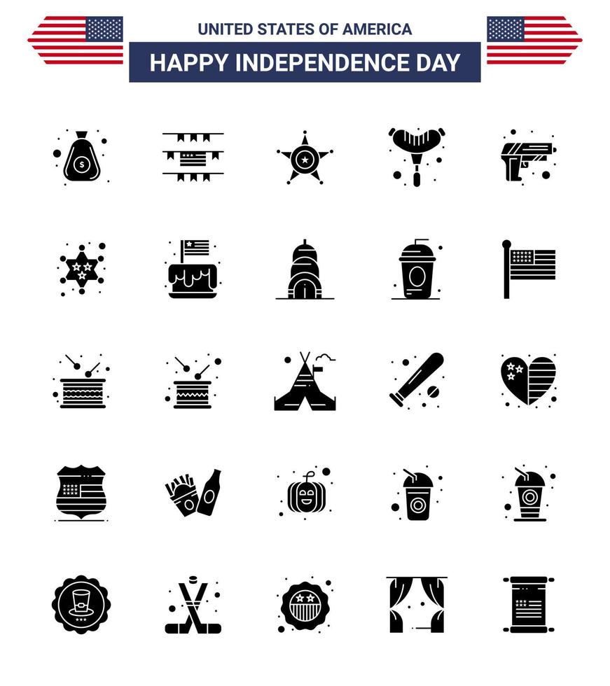 Solid Glyph Pack of 25 USA Independence Day Symbols of weapon security police gun frankfurter Editable USA Day Vector Design Elements