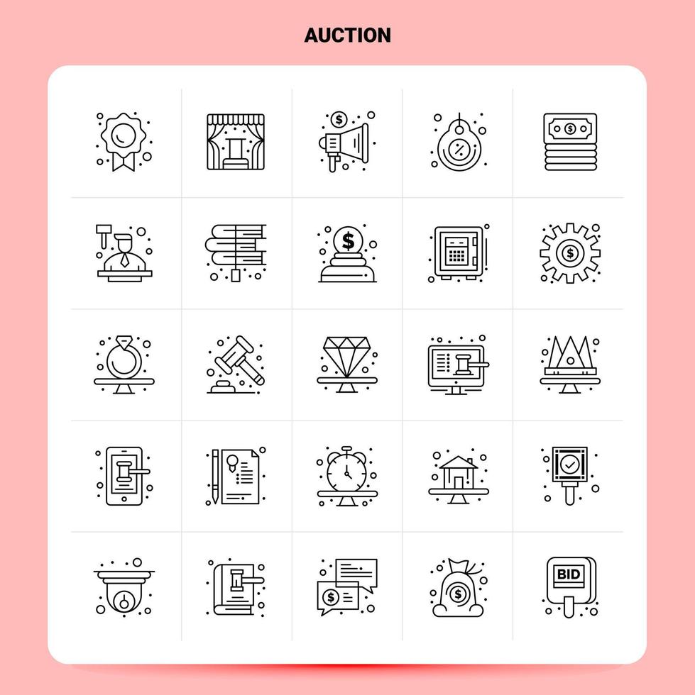OutLine 25 Auction Icon set Vector Line Style Design Black Icons Set Linear pictogram pack Web and Mobile Business ideas design Vector Illustration