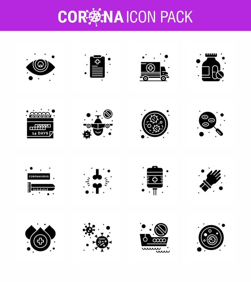 16 Solid Glyph Black Coronavirus disease and prevention vector icon plane quarantine hospital event pills viral coronavirus 2019nov disease Vector Design Elements