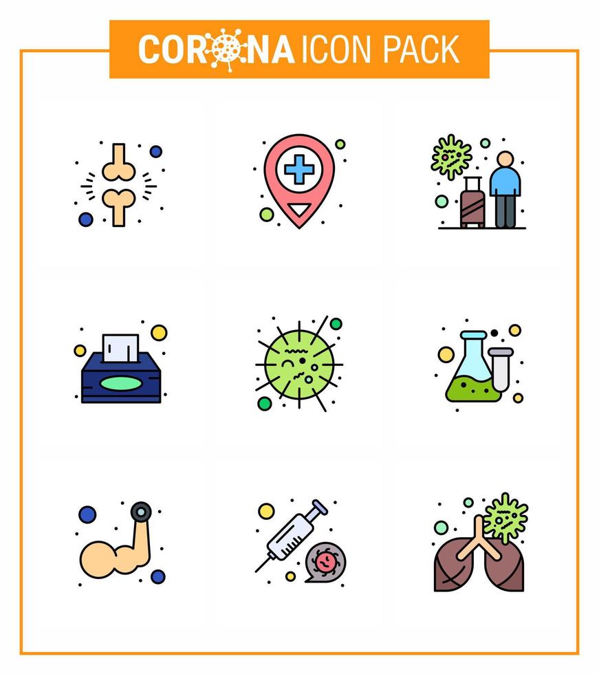 9 línea llena de color plano coronavirus covid19 paquete de iconos como infección de tejido gripal virus de la servilleta coronavirus viral 2019nov enfermedad vector elementos de diseño