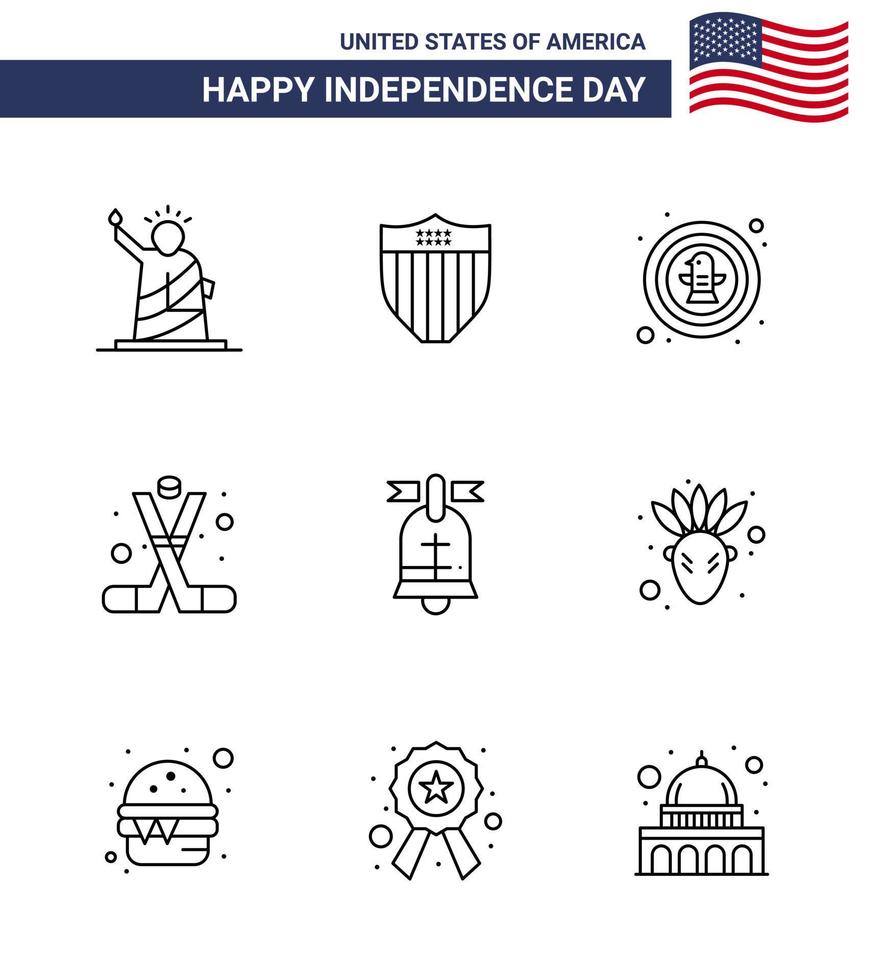 usa feliz día de la independencia pictograma conjunto de 9 líneas simples de hockey sobre hielo americano usa hockey eagle editable usa day elementos de diseño vectorial vector