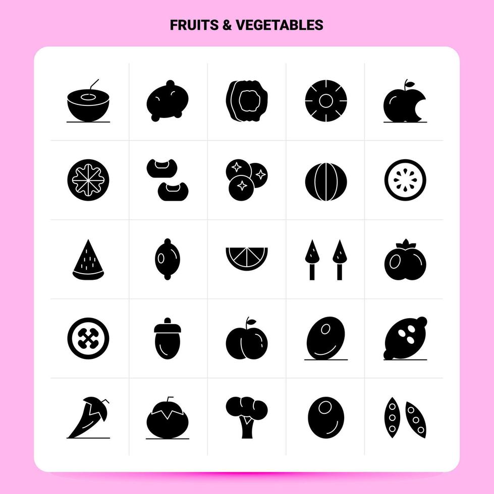 Solid 25 Fruits Vegetables Icon set Vector Glyph Style Design Black Icons Set Web and Mobile Business ideas design Vector Illustration