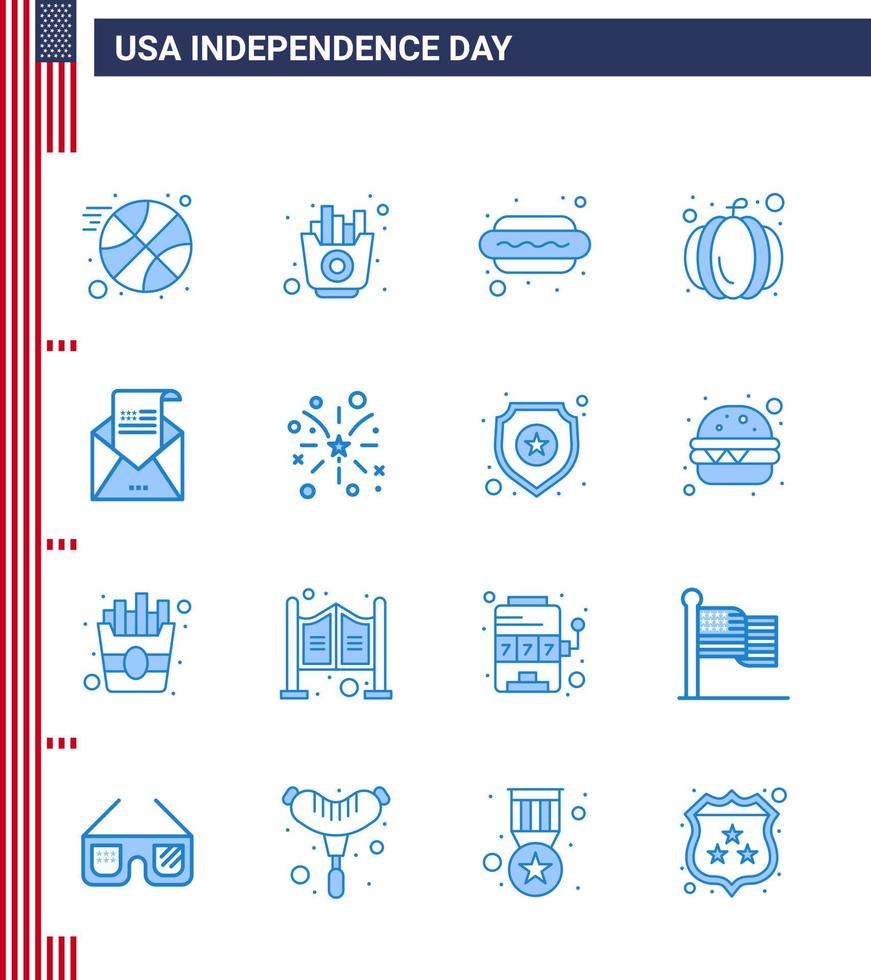 conjunto de 16 iconos del día de estados unidos símbolos americanos signos del día de la independencia para invitación sobre perro correo electrónico calabaza elementos de diseño de vector de día de estados unidos editables