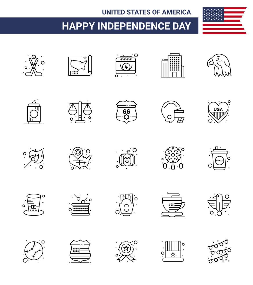 Happy Independence Day Pack of 25 Lines Signs and Symbols for eagle animal american american building Editable USA Day Vector Design Elements