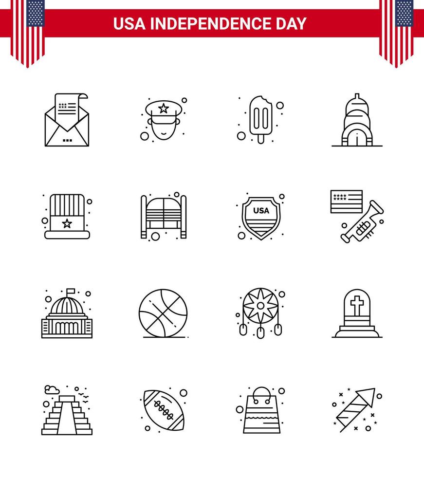 Modern Set of 16 Lines and symbols on USA Independence Day such as usa cap ice cream american building Editable USA Day Vector Design Elements